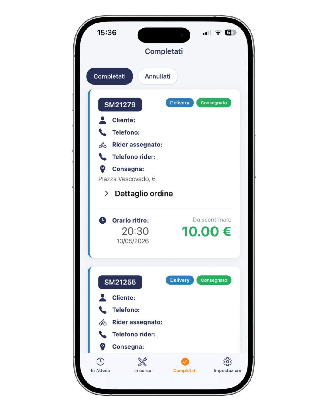 App Partner SamnEat schermata ordini completati